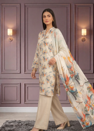 Off-White Digital Printed Lawn Kurta Set with Dupatta