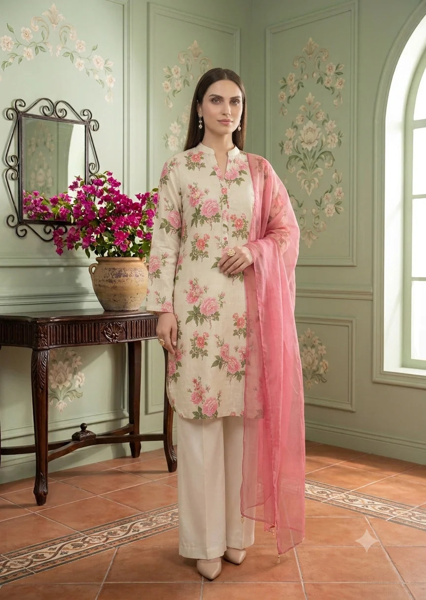 Floral Printed Lawn Kurta Set with Organza Dupatta