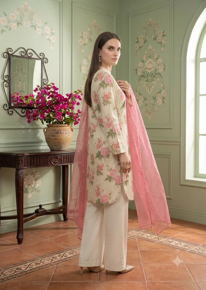 Floral Printed Lawn Kurta Set with Organza Dupatta