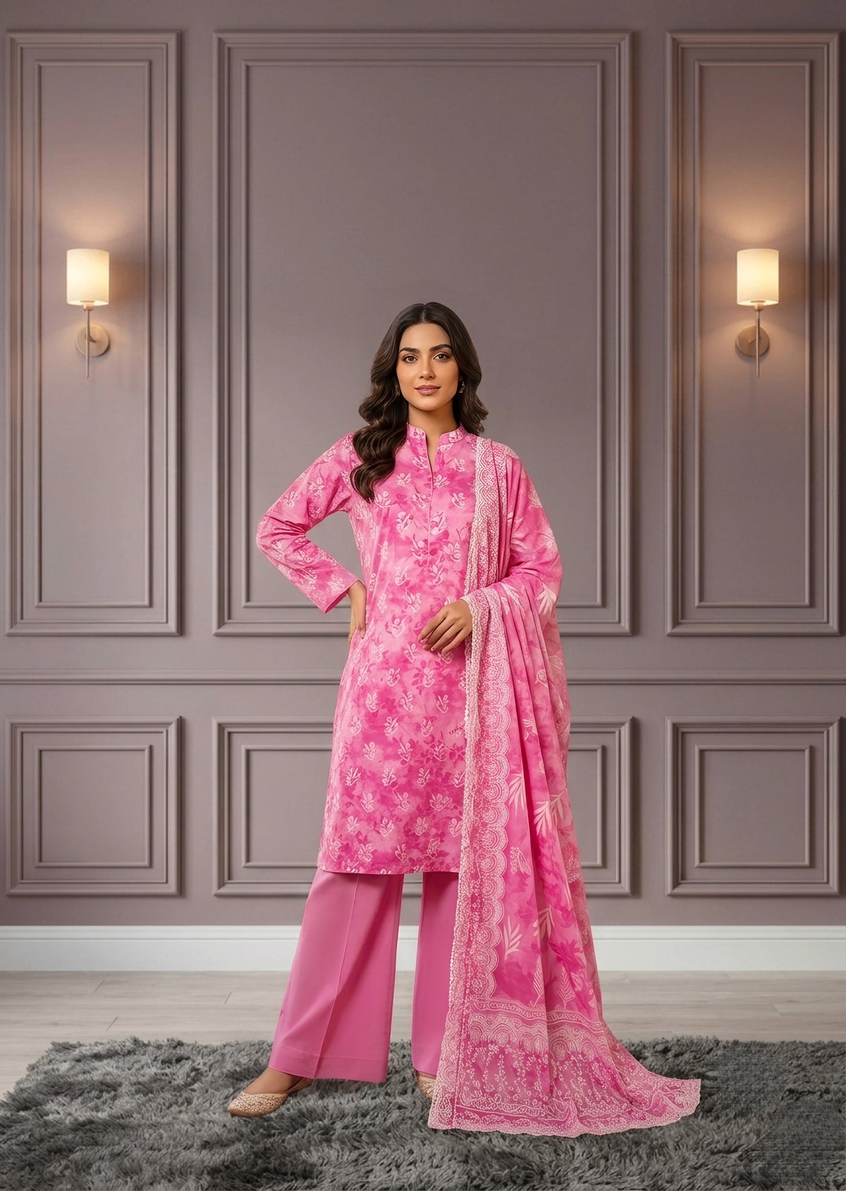 Pink Printed Lawn Kurta Set with Straight Trousers & Dupatta