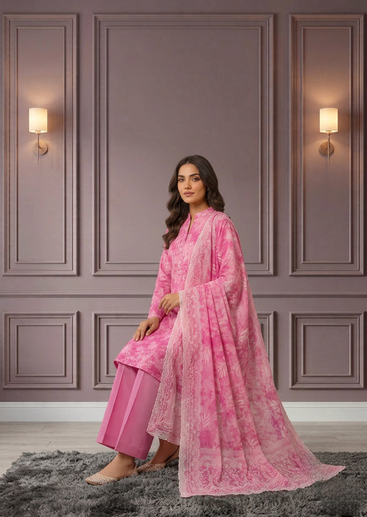 Pink Printed Lawn Kurta Set with Straight Trousers & Dupatta