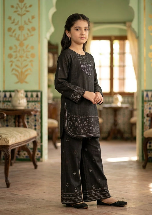 Kids' Black Embroidered Lawn Kurta with Straight Trousers