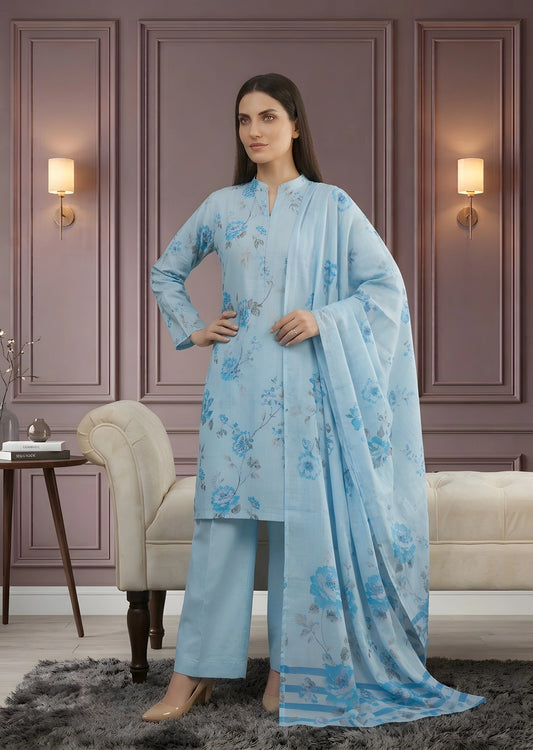 Light Blue Printed Lawn Kurta Set with Dupatta