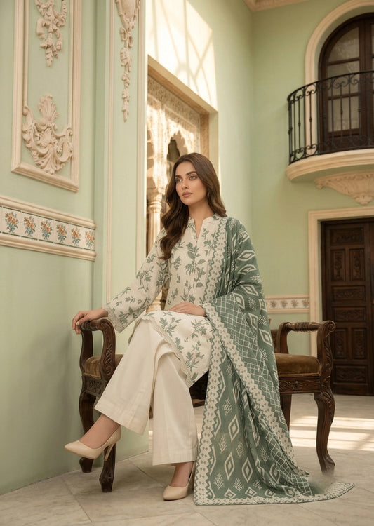 Off-White & Sage Green Printed Lawn Kurta Set