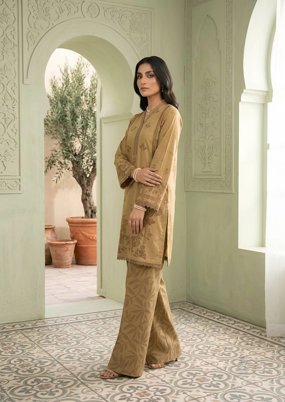 Camel Brown Printed Cotton kurta set