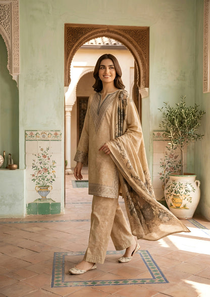 Elegant Embroidered Beige Lawn Kurta Set with Printed Chiffon Dupatta