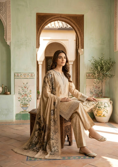 Elegant Embroidered Beige Lawn Kurta Set with Printed Chiffon Dupatta