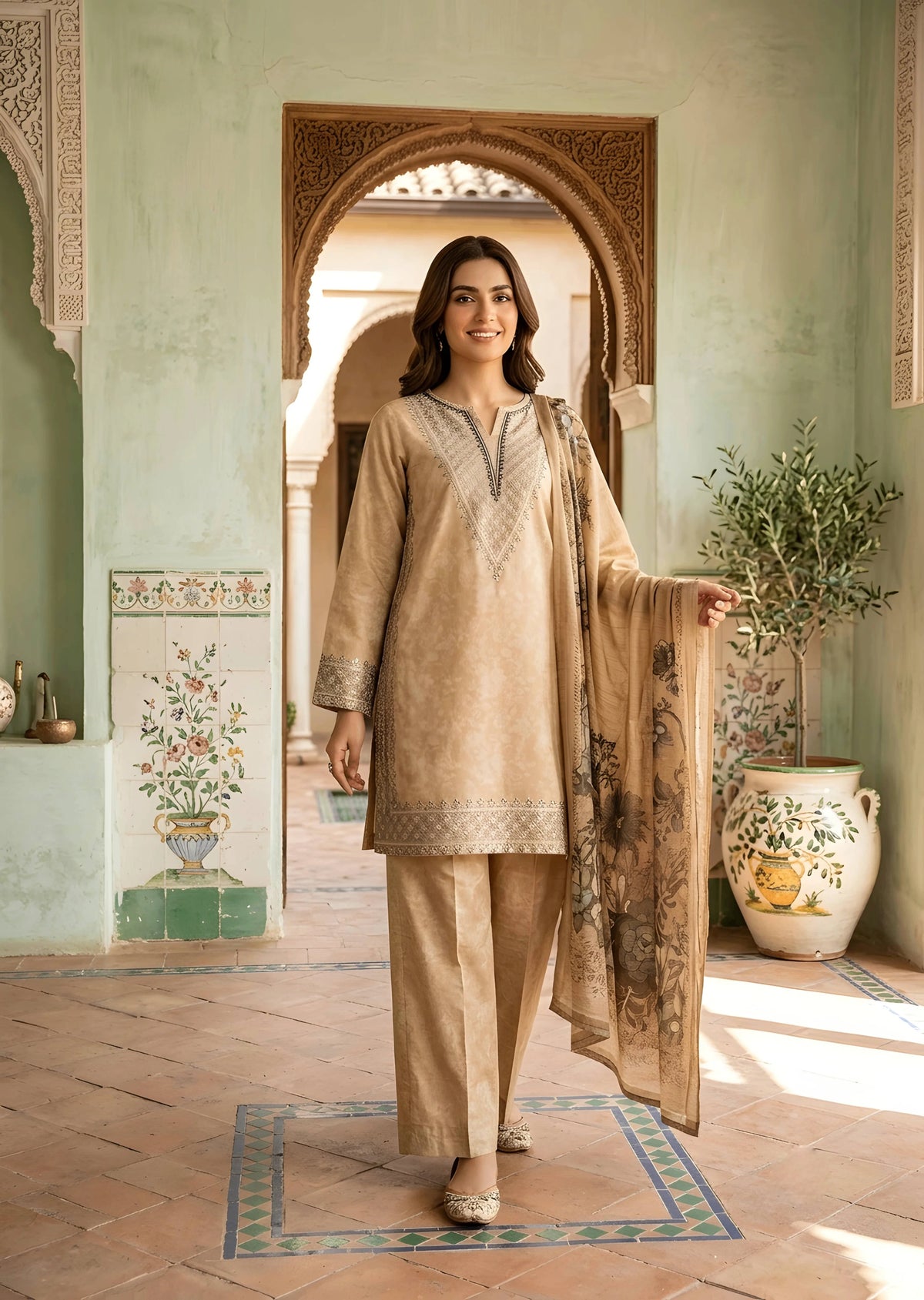 Elegant Embroidered Beige Lawn Kurta Set with Printed Chiffon Dupatta