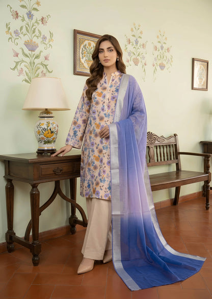 Floral Printed Lawn Kurta Set with Plazzo & Two-Tone Dupatta
