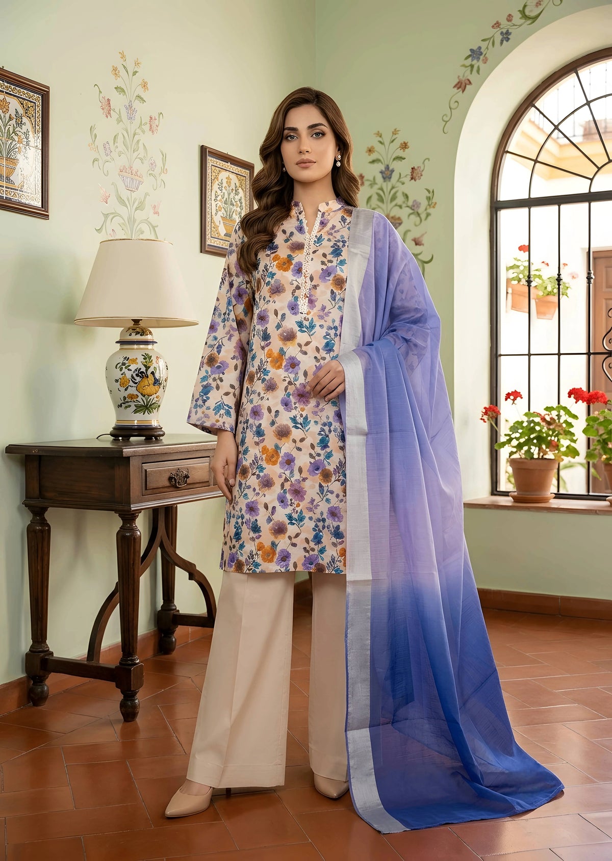 Floral Printed Lawn Kurta Set with Plazzo & Two-Tone Dupatta