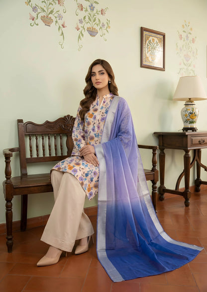 Floral Printed Lawn Kurta Set with Plazzo & Two-Tone Dupatta