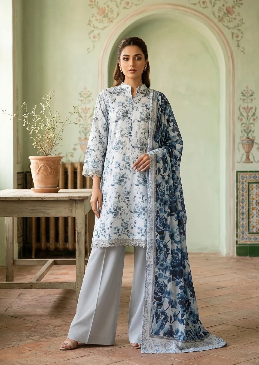 Beige Digital Printed Lawn Kurta Set with Gry Dupatta