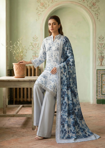 Beige Digital Printed Lawn Kurta Set with Gry Dupatta