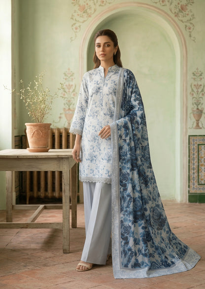 Beige Digital Printed Lawn Kurta Set with Gry Dupatta