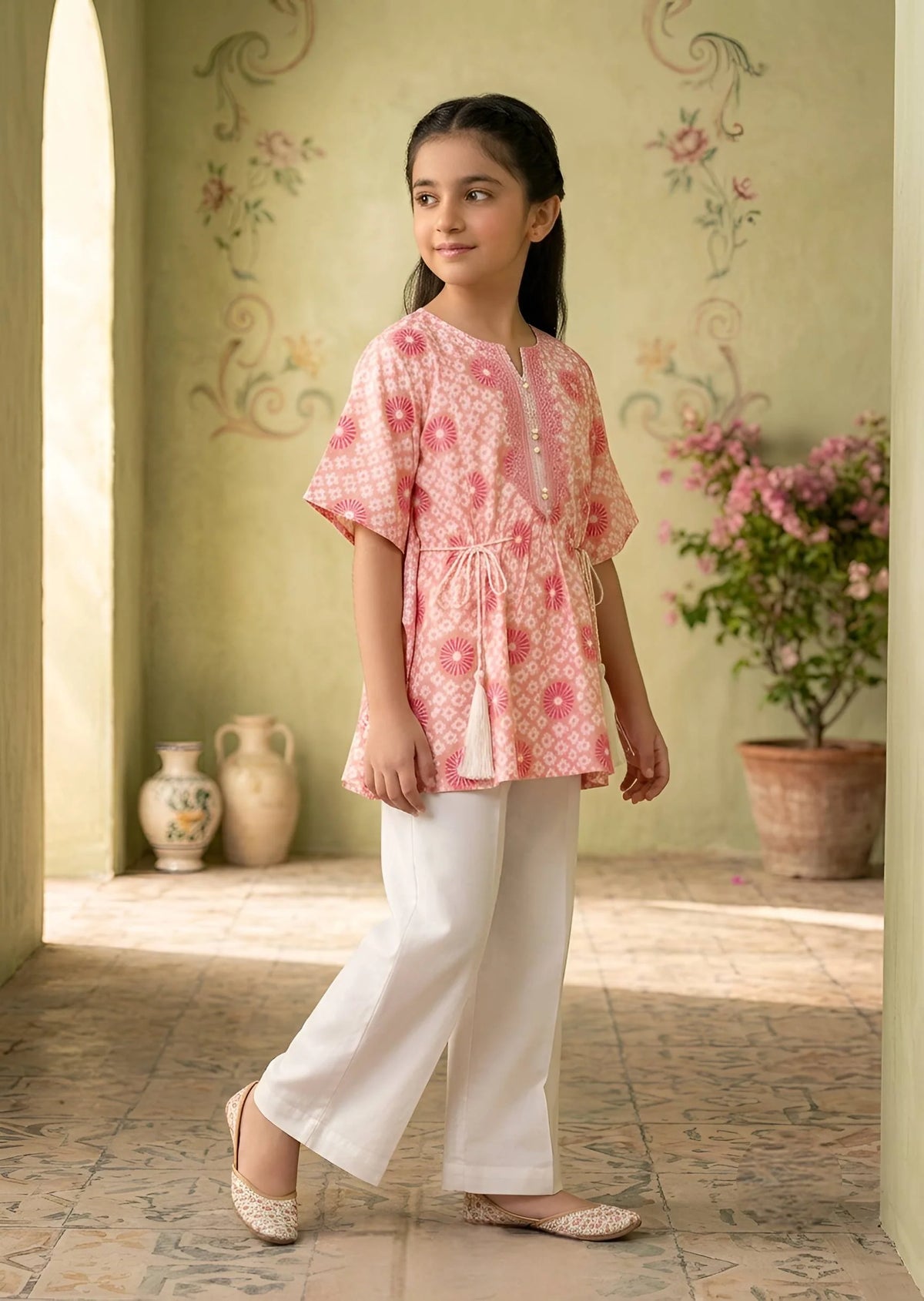 Pink Floral Printed Kaftan with Trouser