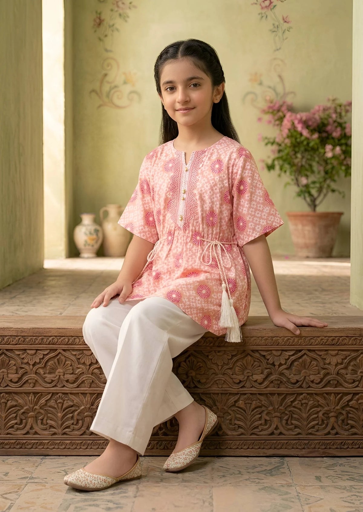 Pink Floral Printed Kaftan with Trouser