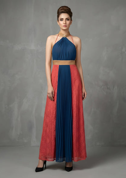Navy Blue and Coral Pleated Maxi