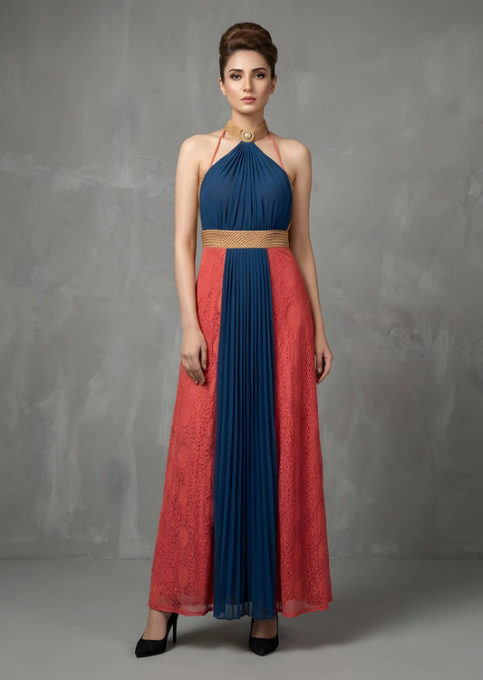 Navy Blue and Coral Pleated Maxi