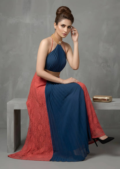 Navy Blue and Coral Pleated Maxi