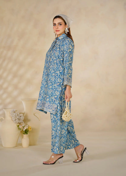 Blue Floral Printed 2-Piece Cotton Co-Ord Set