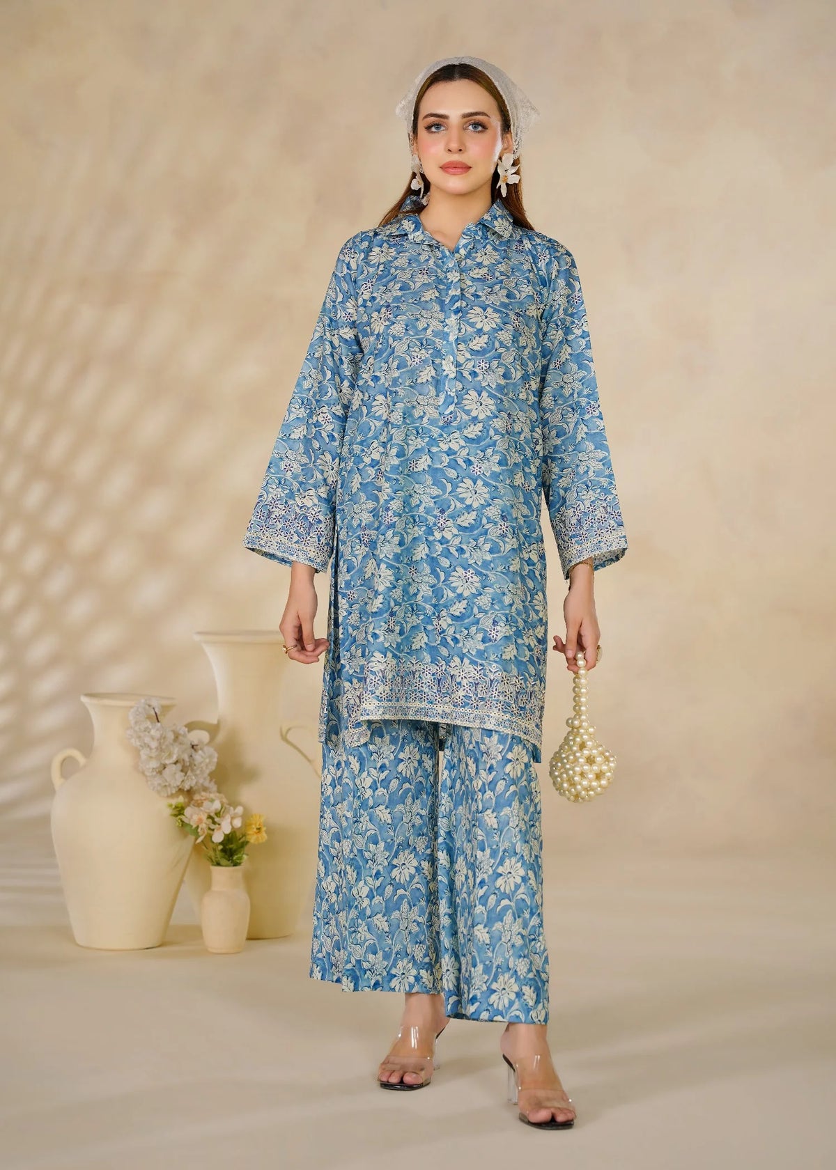 Blue Floral Printed 2-Piece Cotton Co-Ord Set