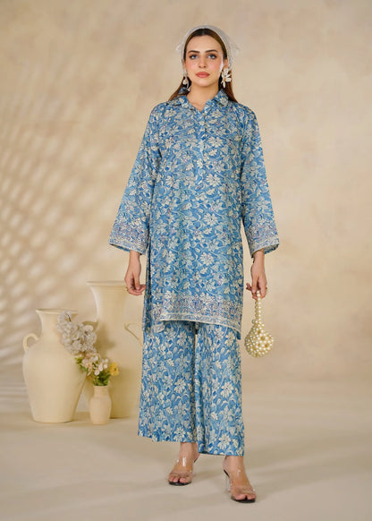 Blue Floral Printed 2-Piece Cotton Co-Ord Set