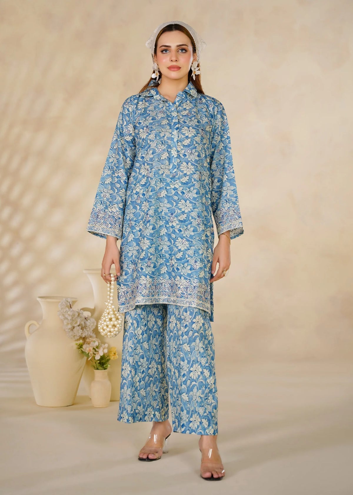 Blue Floral Printed 2-Piece Cotton Co-Ord Set