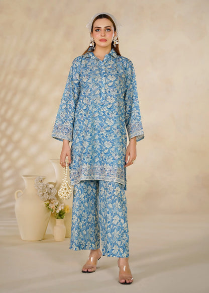 Blue Floral Printed 2-Piece Cotton Co-Ord Set