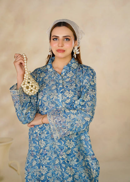 Blue Floral Printed 2-Piece Cotton Co-Ord Set