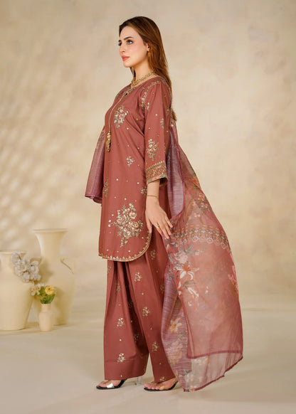 Dusty Rose Embroidered 3-Piece Kurta Set with Floral Dupatta