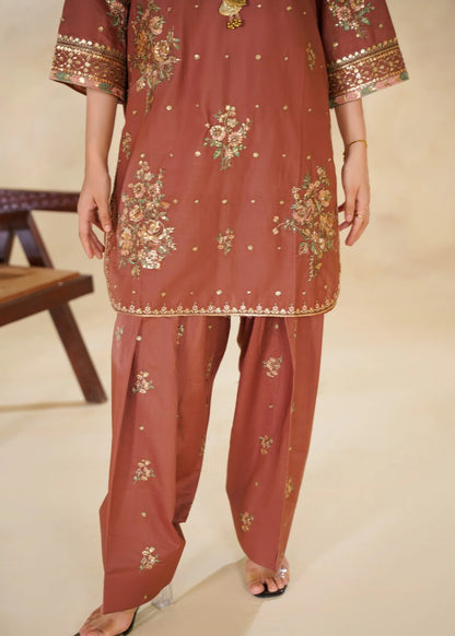 Dusty Rose Embroidered 3-Piece Kurta Set with Floral Dupatta