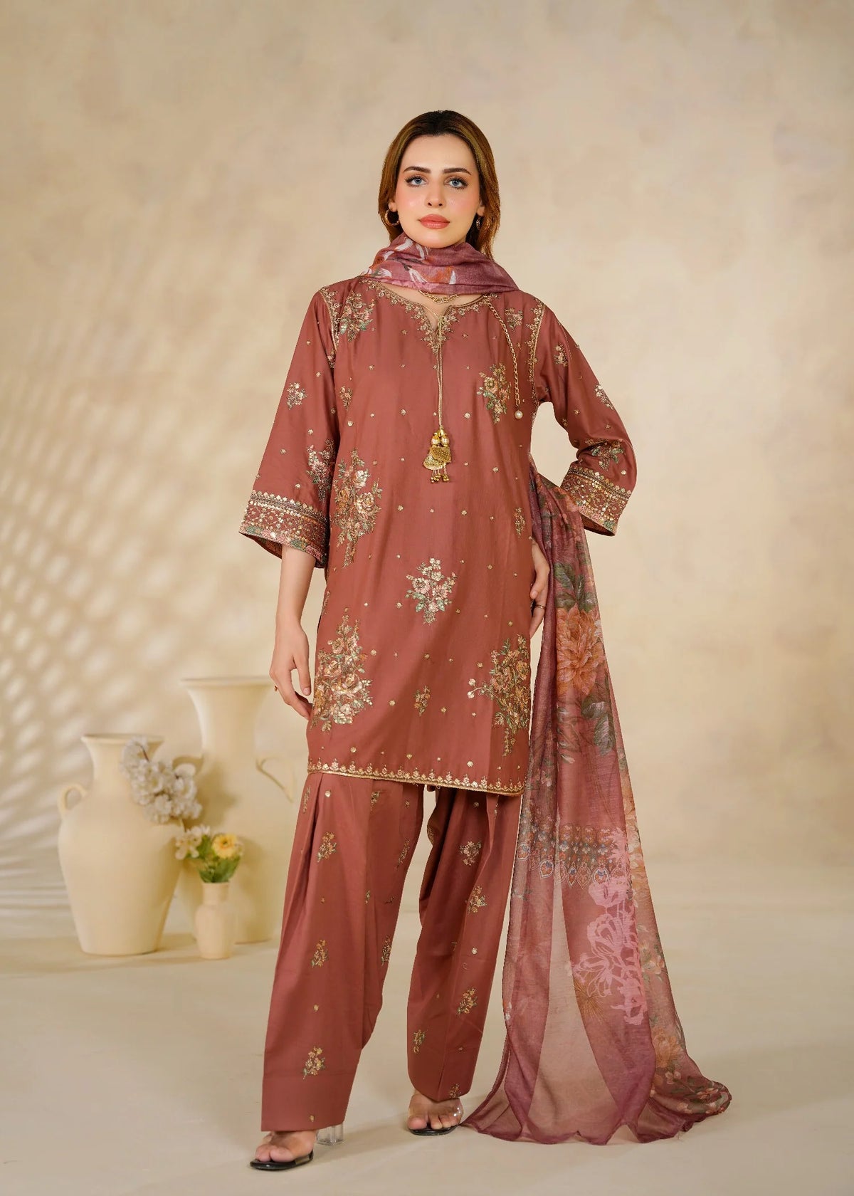 Dusty Rose Embroidered 3-Piece Kurta Set with Floral Dupatta