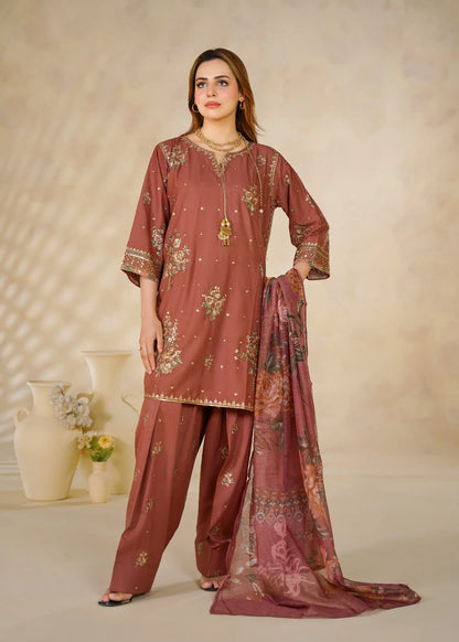 Dusty Rose Embroidered 3-Piece Kurta Set with Floral Dupatta