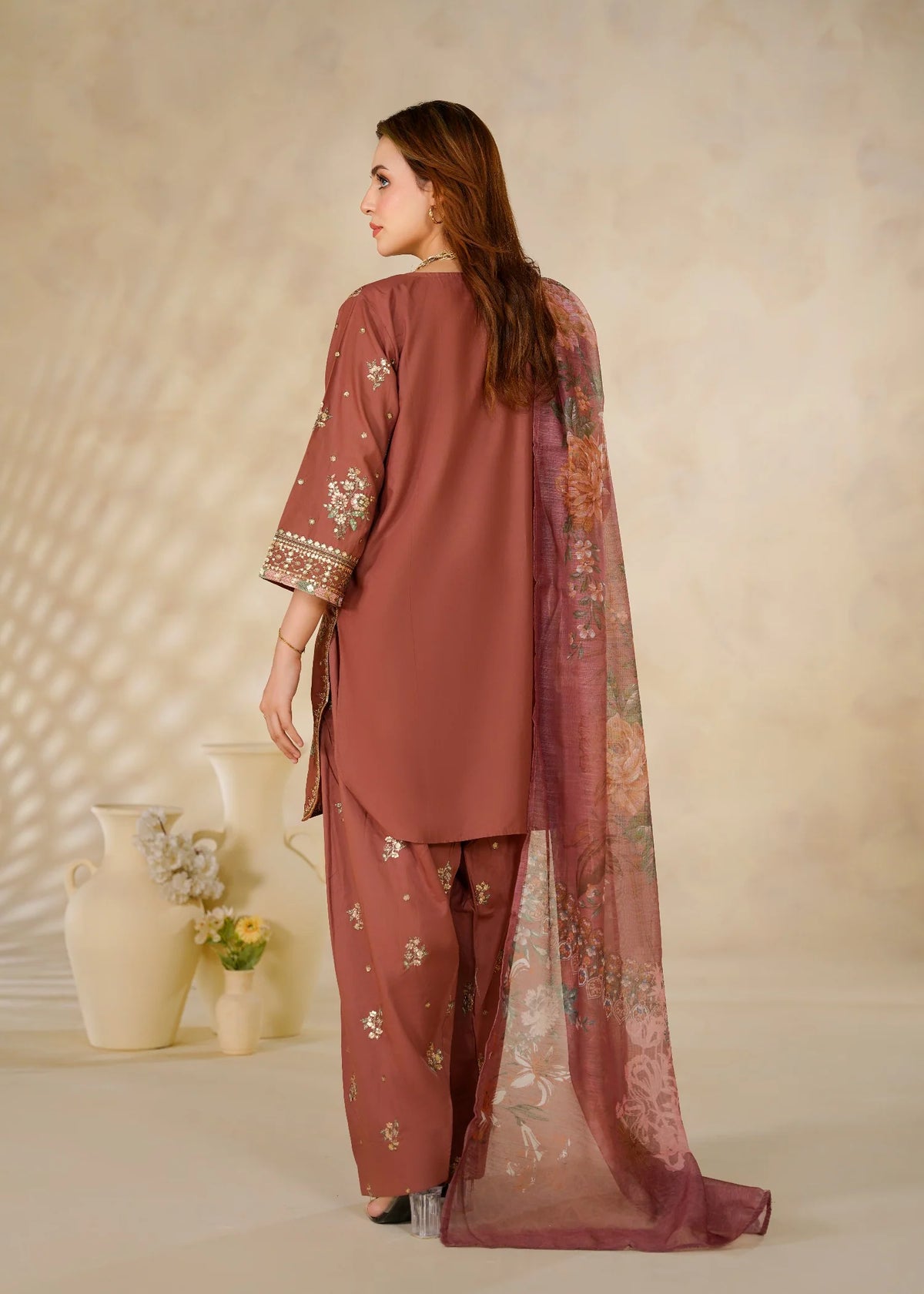 Dusty Rose Embroidered 3-Piece Kurta Set with Floral Dupatta