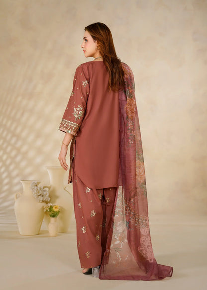 Dusty Rose Embroidered 3-Piece Kurta Set with Floral Dupatta
