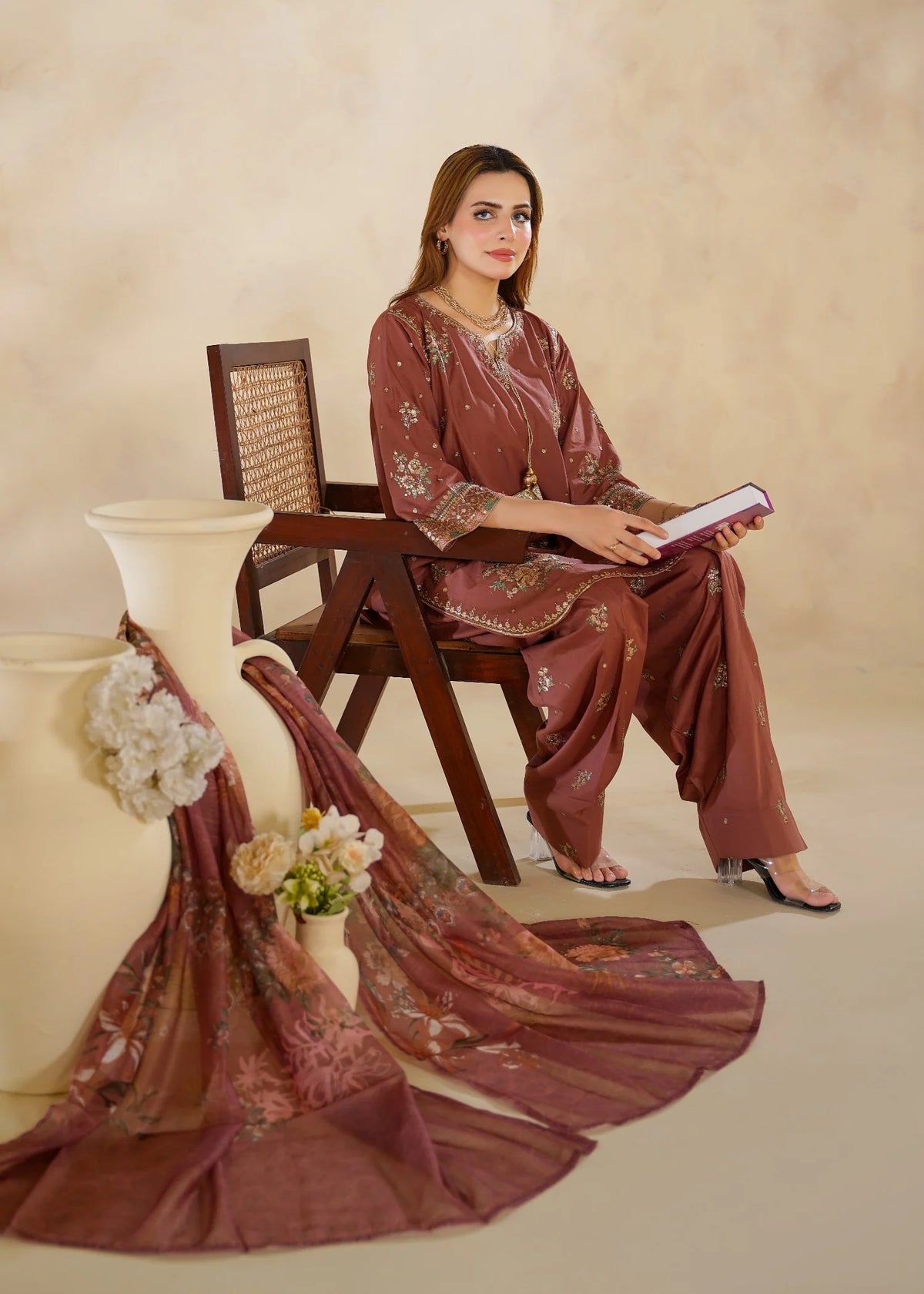 Dusty Rose Embroidered 3-Piece Kurta Set with Floral Dupatta