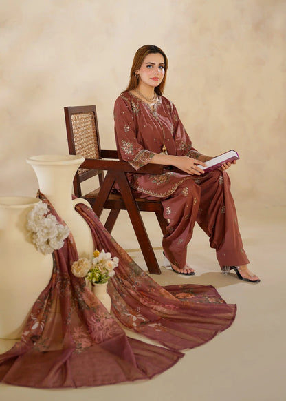 Dusty Rose Embroidered 3-Piece Kurta Set with Floral Dupatta
