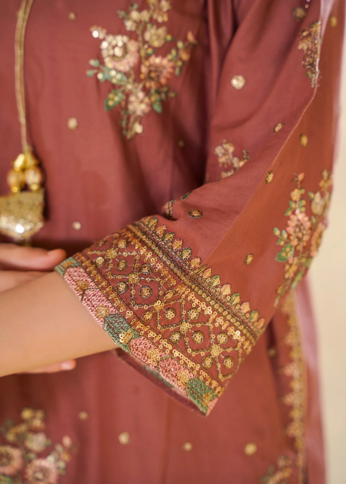 Dusty Rose Embroidered 3-Piece Kurta Set with Floral Dupatta