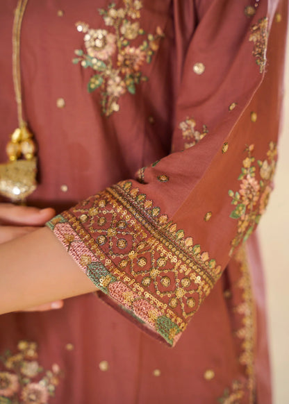 Dusty Rose Embroidered 3-Piece Kurta Set with Floral Dupatta
