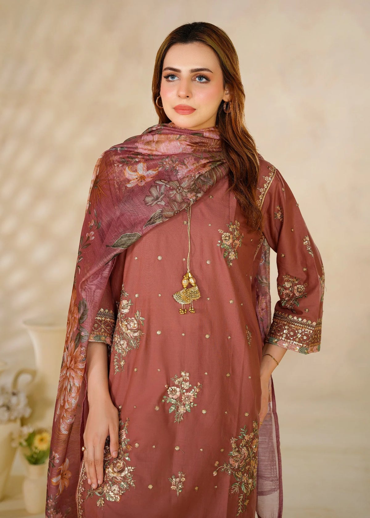 Dusty Rose Embroidered 3-Piece Kurta Set with Floral Dupatta