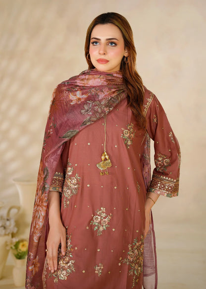 Dusty Rose Embroidered 3-Piece Kurta Set with Floral Dupatta
