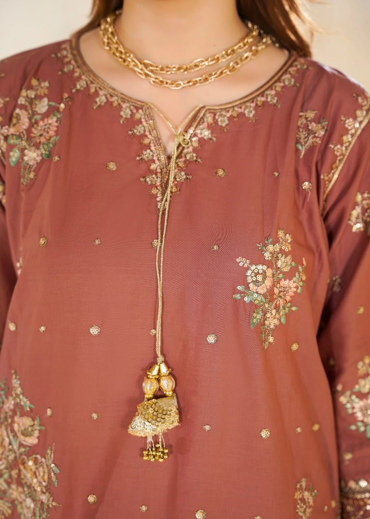 Dusty Rose Embroidered 3-Piece Kurta Set with Floral Dupatta