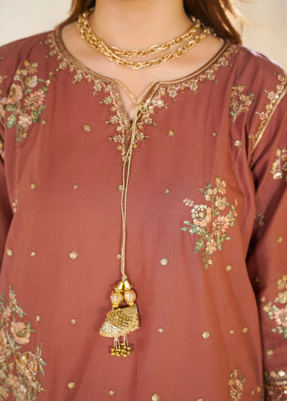 Dusty Rose Embroidered 3-Piece Kurta Set with Floral Dupatta