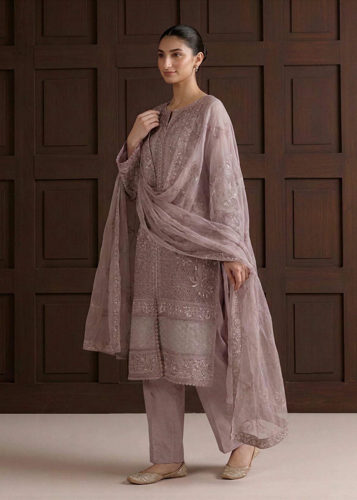 Lilac Organza Embroidered 3-Piece Kurta Set with Dupatta