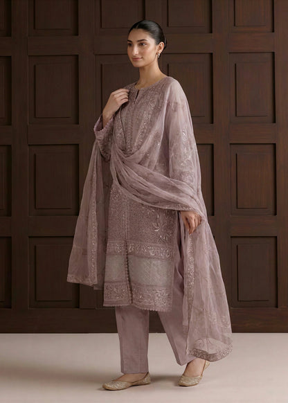 Lilac Organza Embroidered 3-Piece Kurta Set with Dupatta
