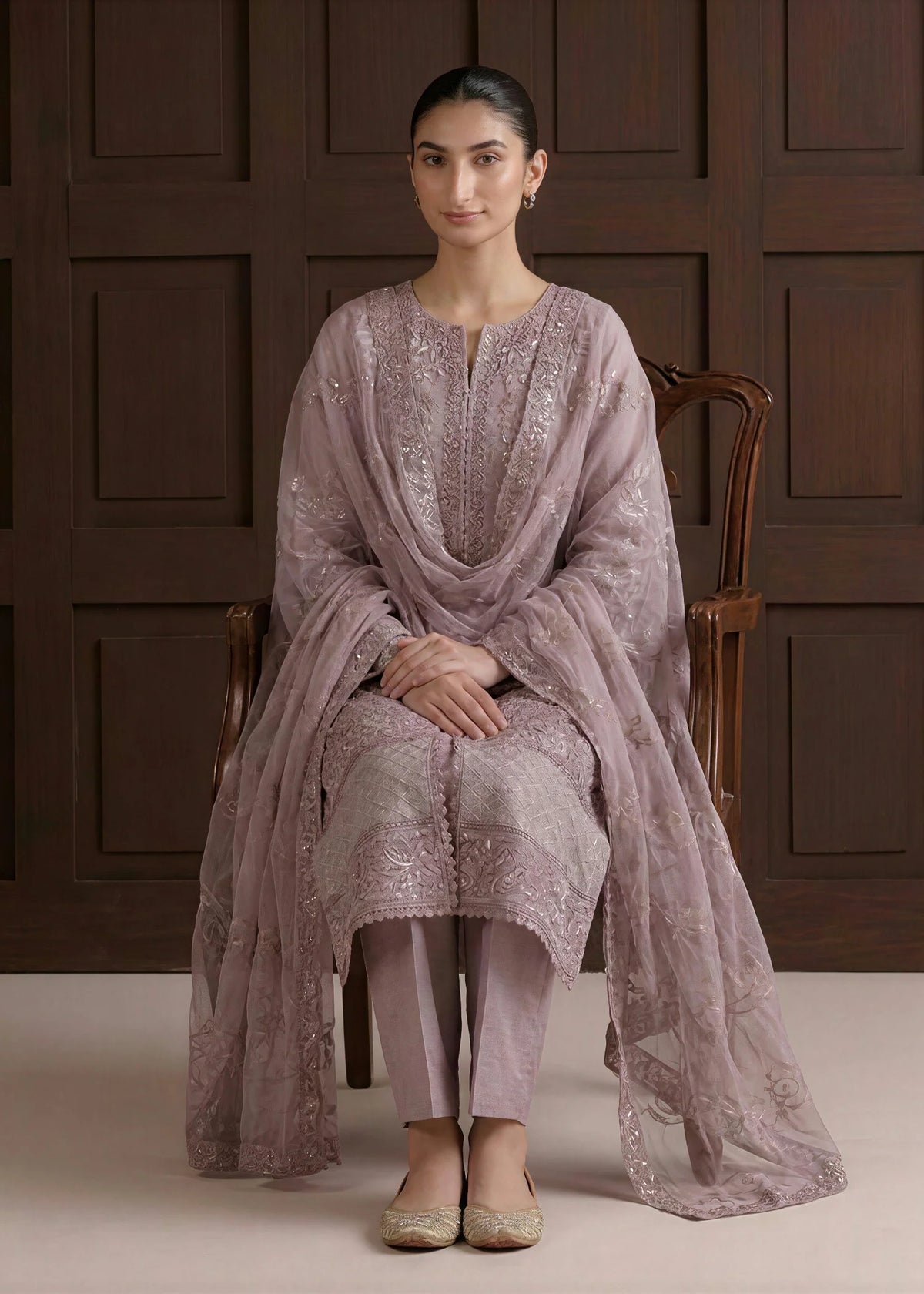 Lilac Organza Embroidered 3-Piece Kurta Set with Dupatta