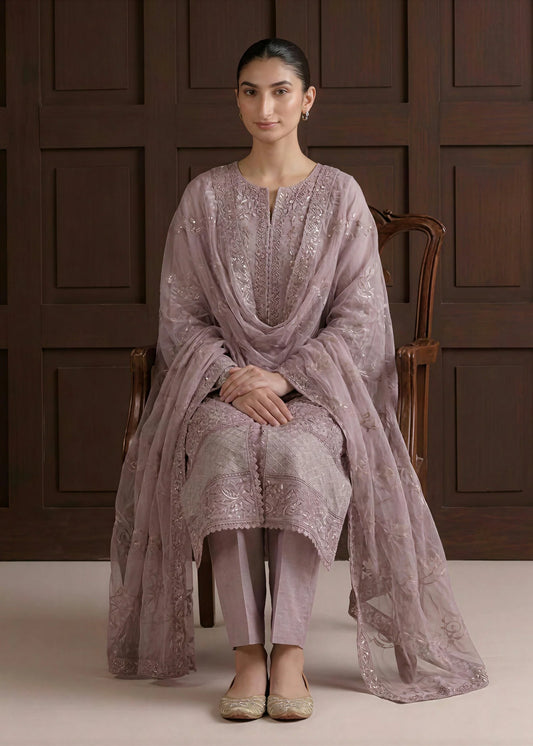Lilac Organza Embroidered 3-Piece Kurta Set with Dupatta