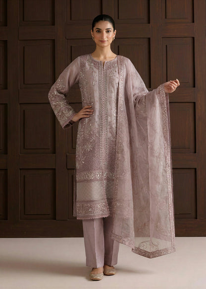 Lilac Organza Embroidered 3-Piece Kurta Set with Dupatta