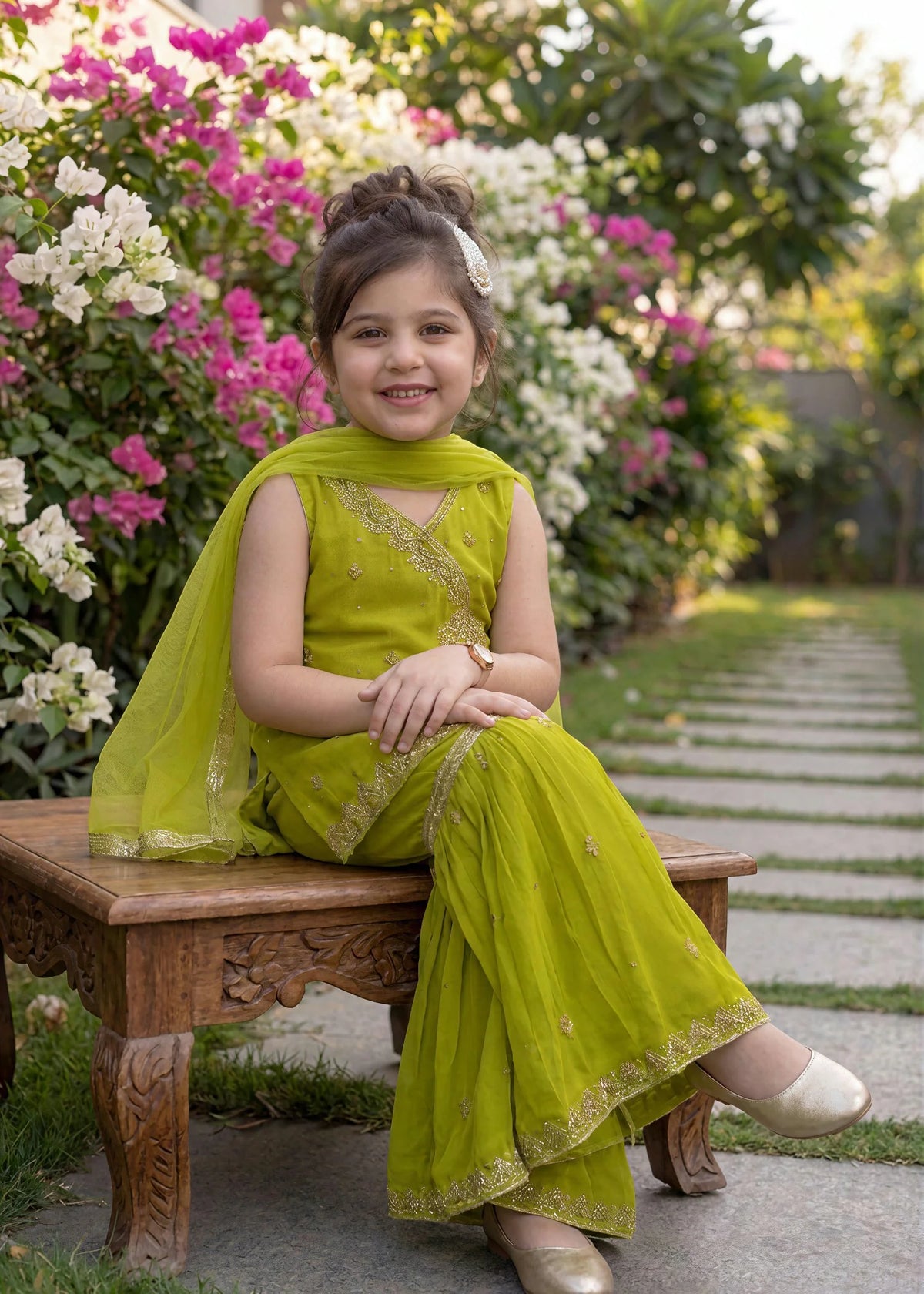 Kids Lime Green Embroidered Gharara Set