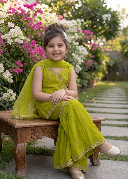 Kids Lime Green Embroidered Gharara Set
